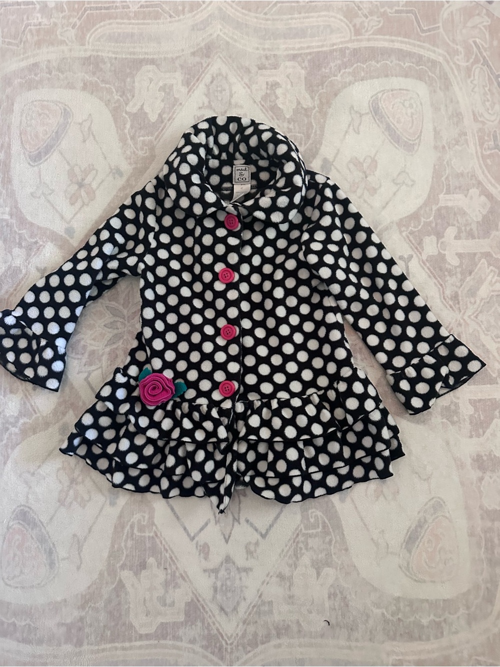 Girls' Black & White Polka Dot Peacoat with Pink Accents